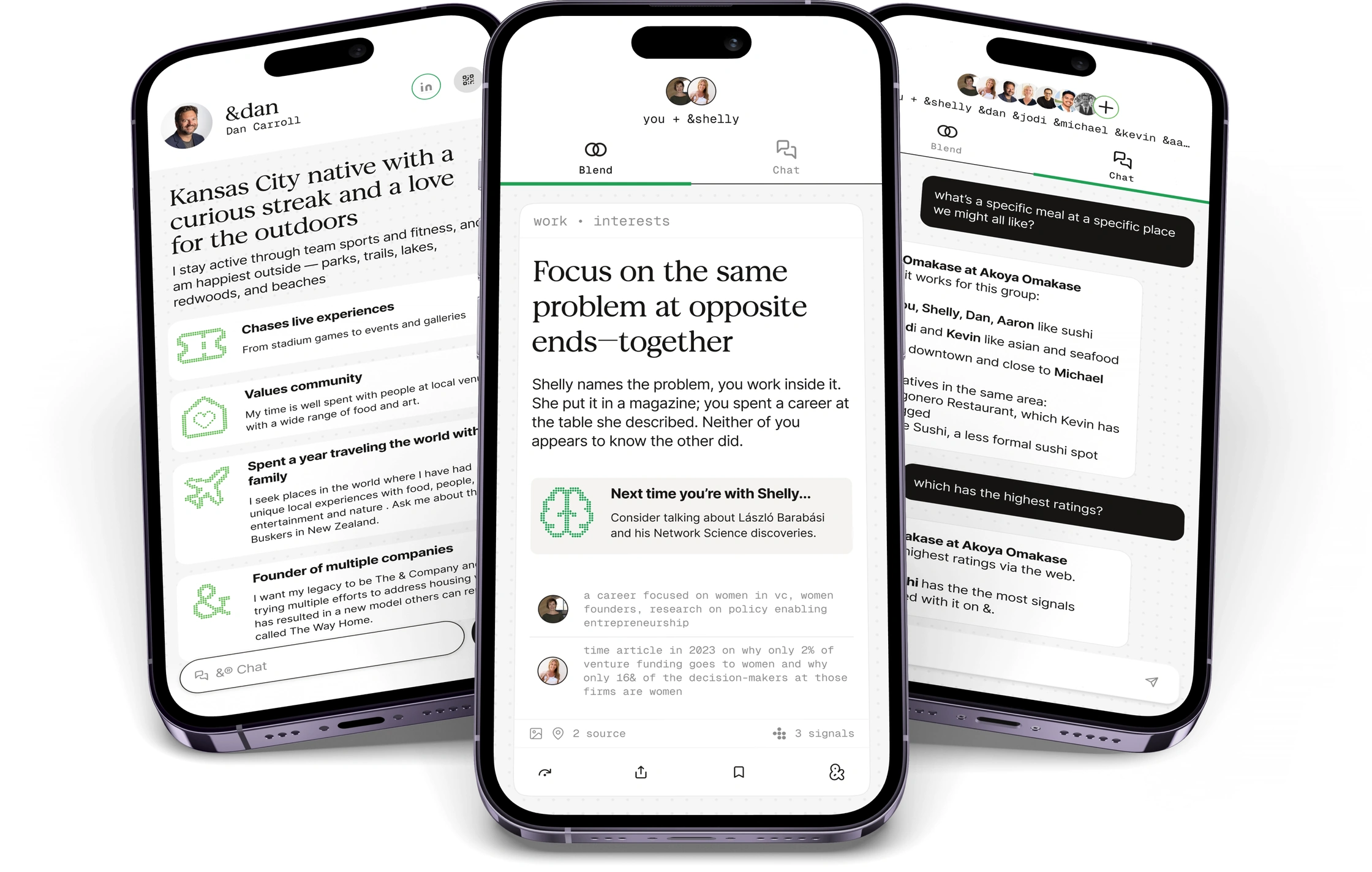 The & app showing a shared blend, a group chat and an andee's profile
